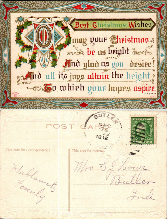 Postcard 1912 Christmas Wishes from/to Butler IN $$ 383728 ISH