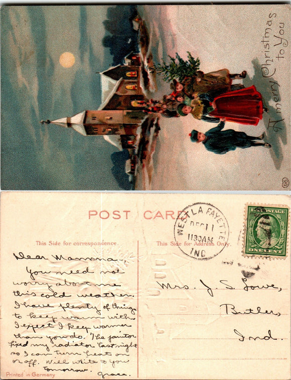 Postcard 1909 Merry Christmas from W. Lafayette to Butler IN $$ 383730 ISH