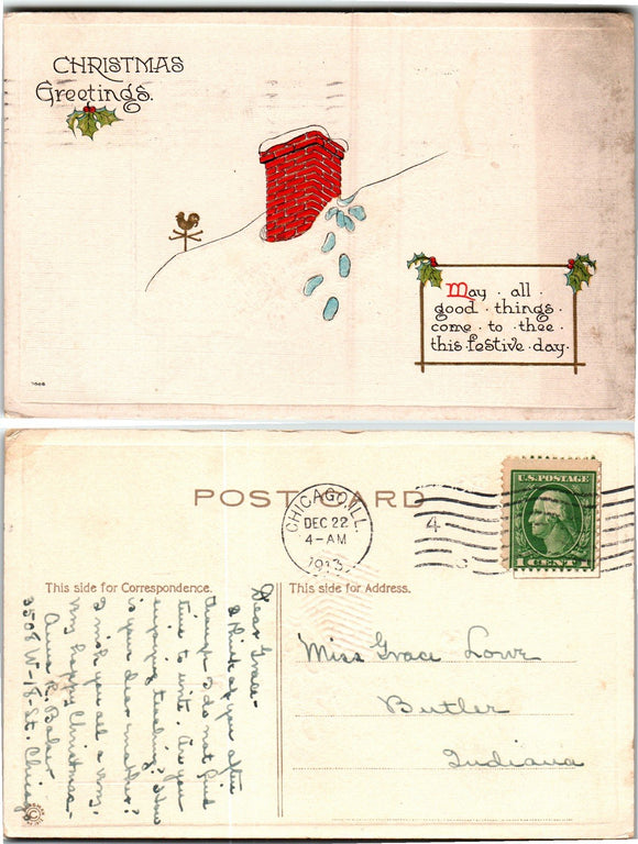 Postcard 1912 Christmas from Chicago IL to Butler IN $$ 383736 ISH