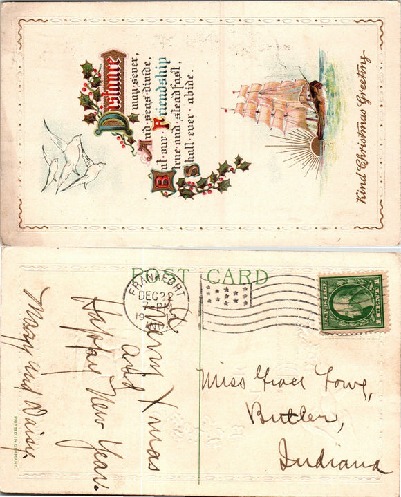Postcard 1913 Christmas from Frankfort to Butler IN $$ 383737 ISH