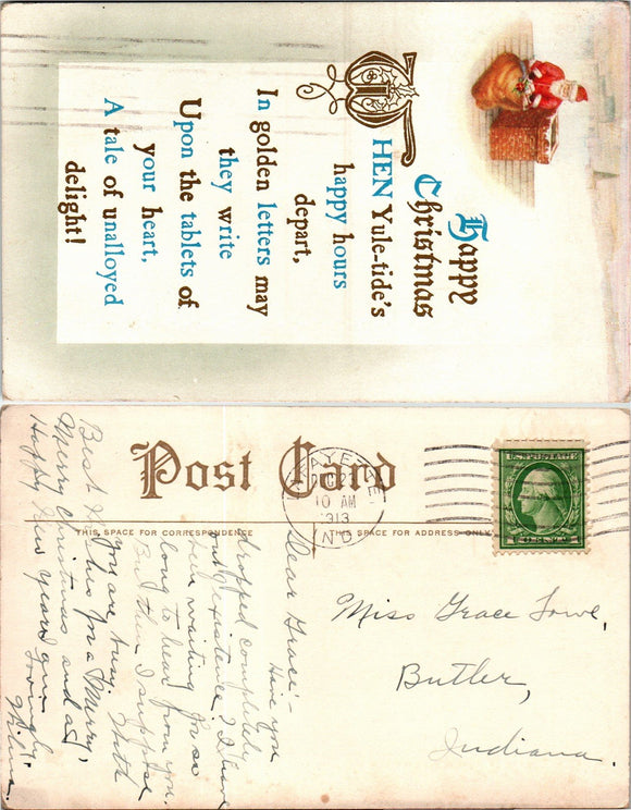 Postcard 1913 Christmas Lafayette to Butler IN $$ 383738 ISH