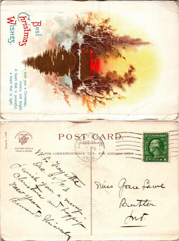 Postcard 1913 Christmas Lafayette to Butler IN $$ 383739 ISH