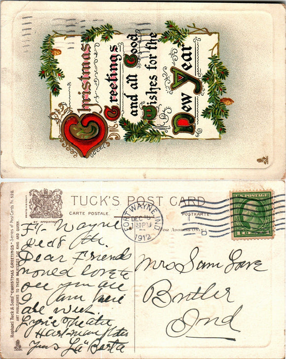 Postcard 1912 Christmas Fort Wayne to Butler IN $$ 383740 ISH