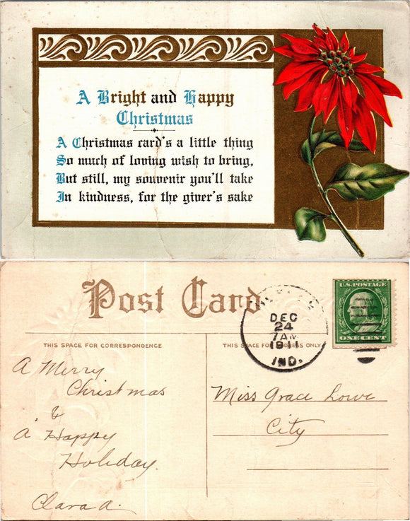 Postcard 1911 Christmas Flowers Lafayette to Butler IN $$ 383741 ISH