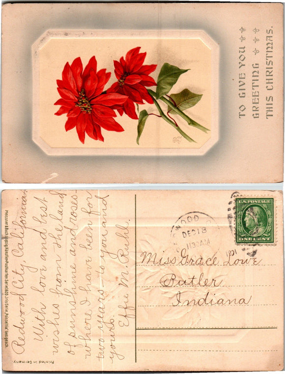 Postcard 1911 Christmas Flowers to Butler IN $$ 383742 ISH