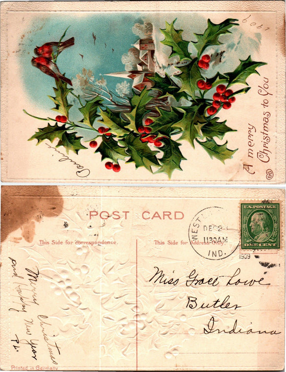 Postcard 1909 Christmas from W. Lafayette to Butler IN $$ 383743 ISH