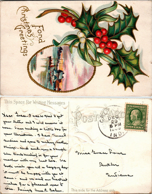 Postcard 1909 Christmas to Butler IN $$ 383744 ISH