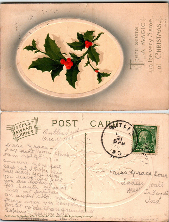 Postcard 1909 Christmas from Butler to W. Lafayette IN $$ 383746 ISH