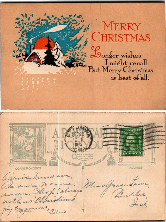 Postcard 1915 Christmas Ottumwa IA to Butler IN $$ 383748 ISH