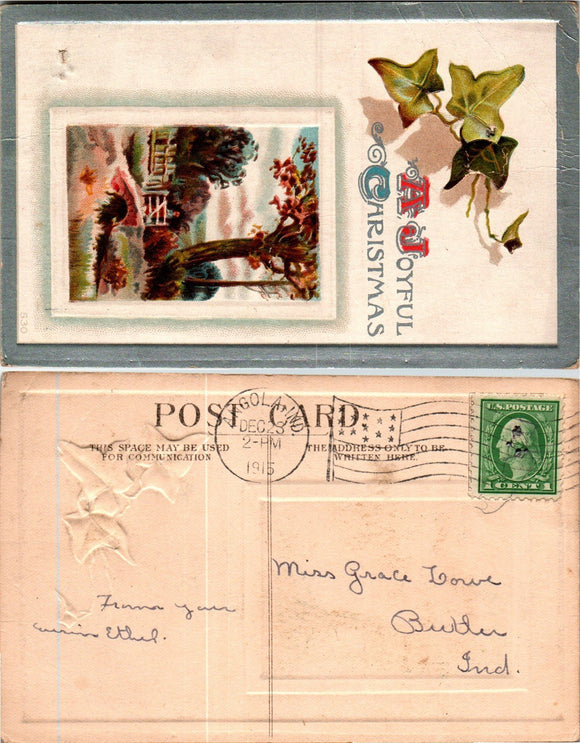 Postcard 1915 Joyful Christmas from Angola to Butler IN $$ 383750 ISH