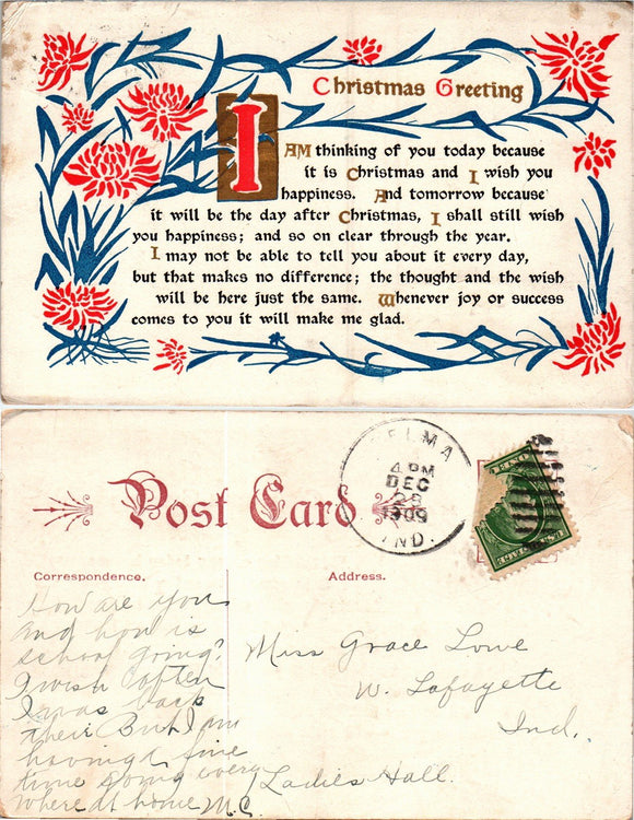 Postcard 1909 Christmas from Selma to Butler IN $$ 383752 ISH