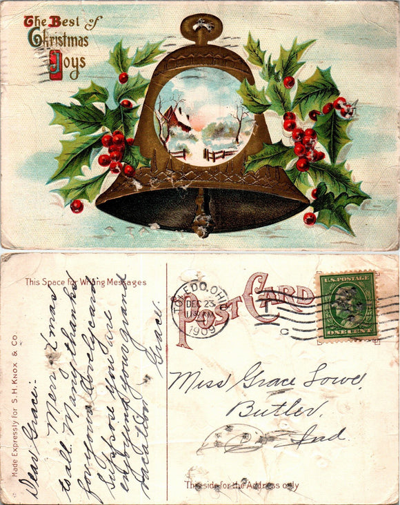 Postcard 1909 Christmas Toledo OH to Butler IN $$ 383754 ISH