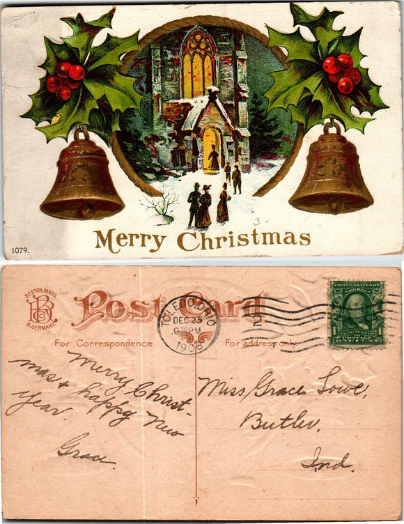 Postcard 1908 Christmas Toledo OH to Butler IN $$ 383756 ISH