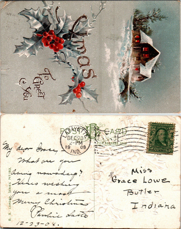 Postcard 1908 Christmas Lafayette to Butler IN $$ 383757 ISH