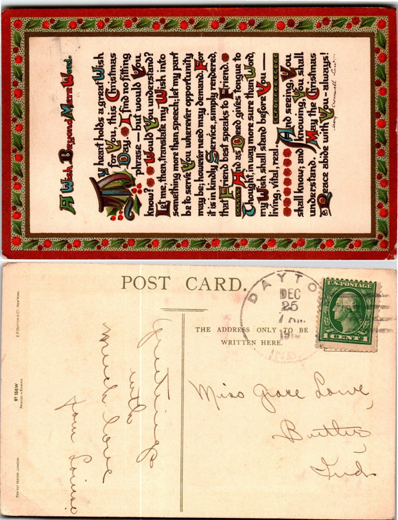 Postcard 1915 Christmas Dayton OH to Butler IN $$ 383758 ISH