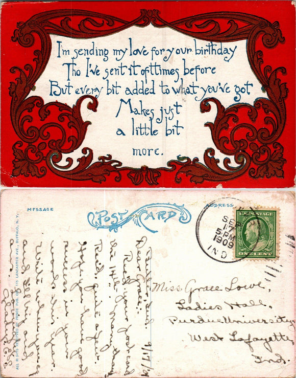 Postcard 1909 Birthday from Butler to W. Lafayette IN $$ 383784 ISH