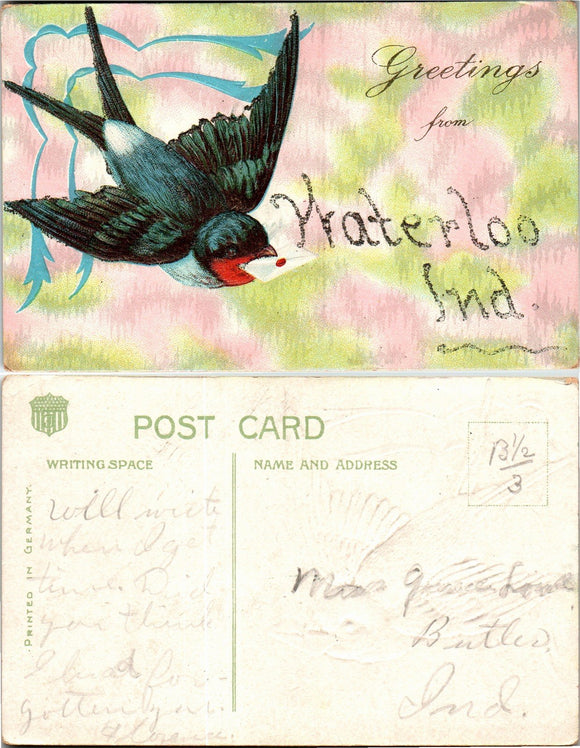 Postcard VINTAGE Greetings from Waterloo to Butler IN $$ 383790 ISH
