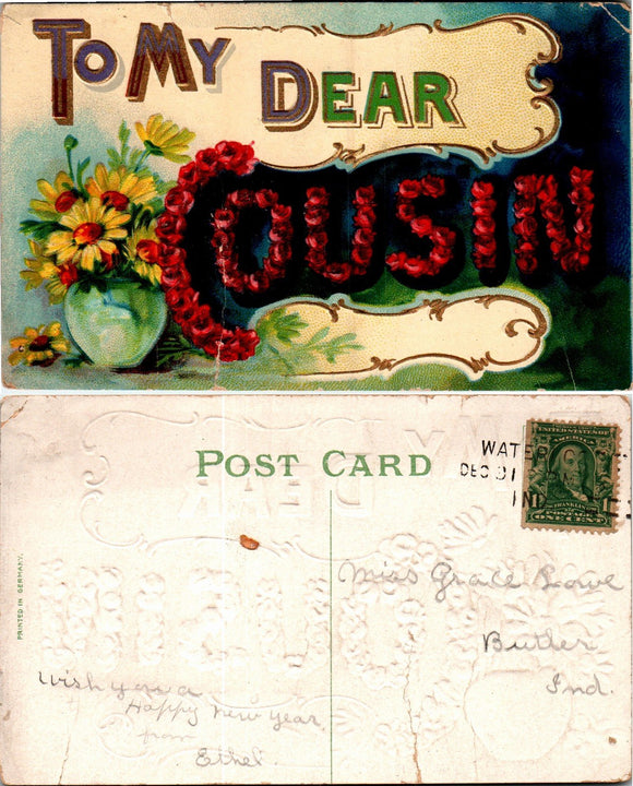 Postcard VINTAGE Greetings from Waterloo to Butler IN $$ 383797 ISH