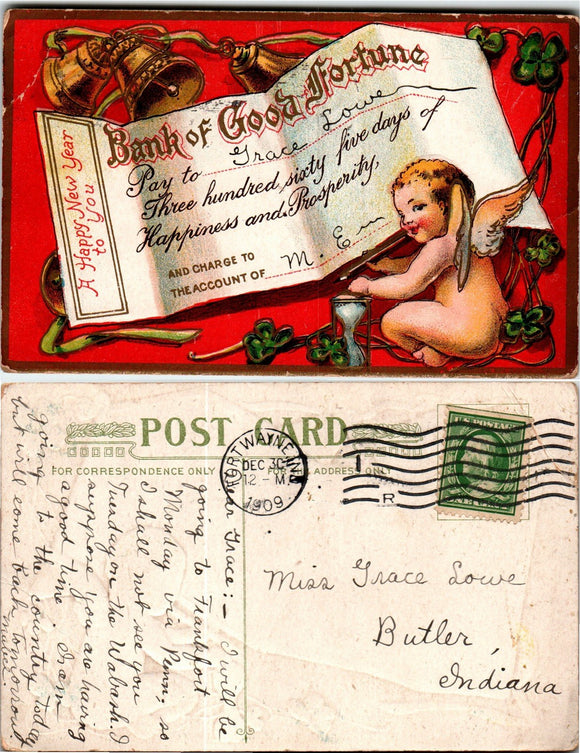 Postcard 1909 New Year from Ft. Wayne to Butler IN $$ 383811 ISH