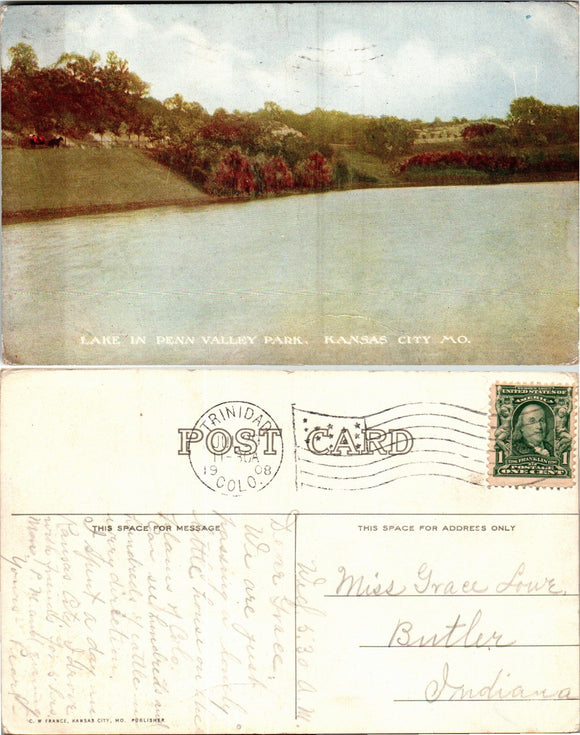 Postcard 1908 Lake in Kansas City from CO to IN $$ 383816 ISH