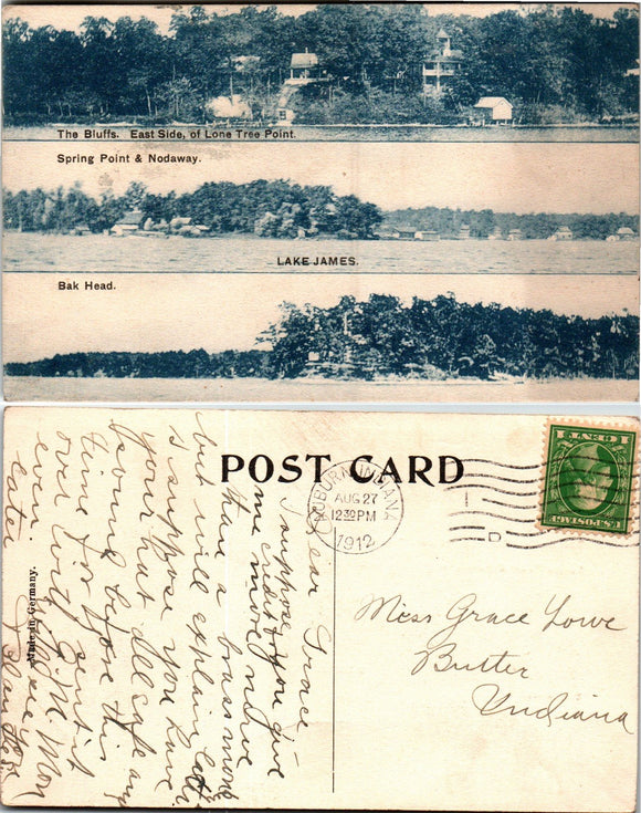 Postcard 1912 Lake James Auburn to Butler IN $$ 383820 ISH