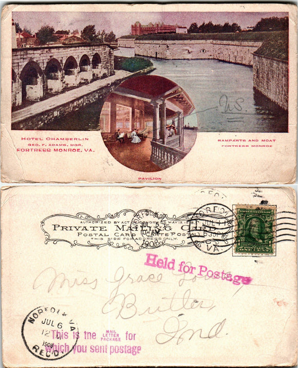 Postcard 1909 UB Hotel Chamberlin Norfolk VA to Butler IN $$ 383821 ISH