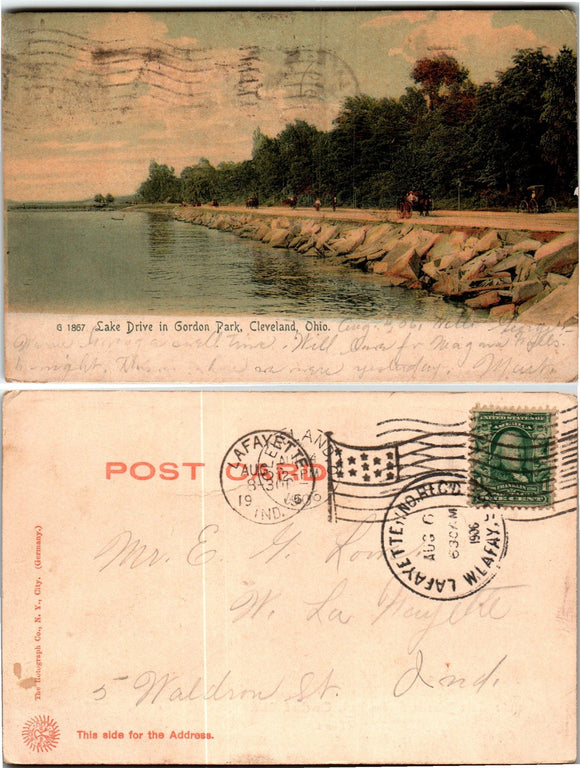 Postcard 1906 UB Gordon Park Cleveland OH to W. Lafayette IN $$ 383824 ISH