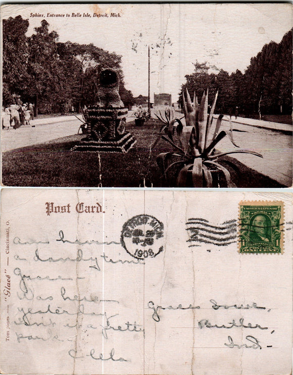Postcard 1908 Belle Isle Detroit MI to Butler IN $$ 383831 ISH