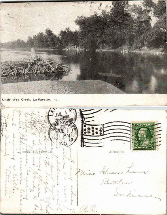 Postcard 1910 Creek in Lafayette IN to Butler IN $$ 383834 ISH