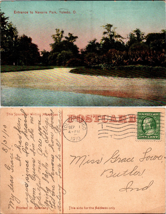 Postcard 1910 Navarre Park Toledo OH to Butler IN $$ 383835 ISH