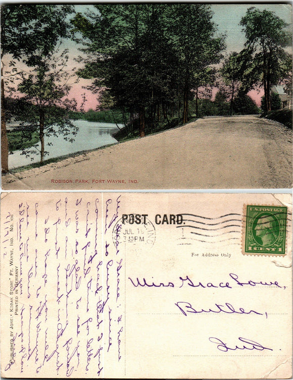 Postcard 1912 Robison Park Ft. Wayne to Butler IN $$ 383838 ISH
