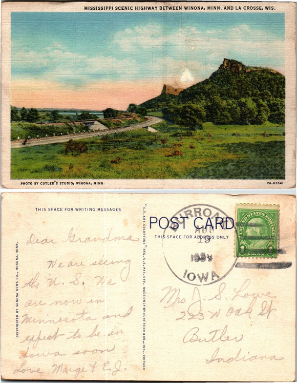 Postcard 1930s Mississippi Highway Burroak IO to Butler IN $$ 383841 ISH