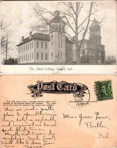 Postcard 1908 Tri-State College Angola to Butler IN $$ 383844 ISH