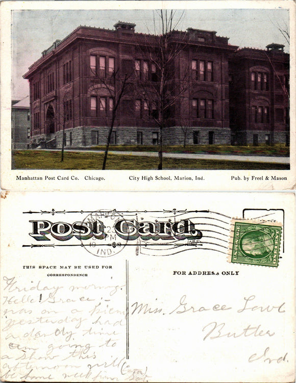 Postcard 1909 High School Marion OH to Butler IN $$ 383845 ISH