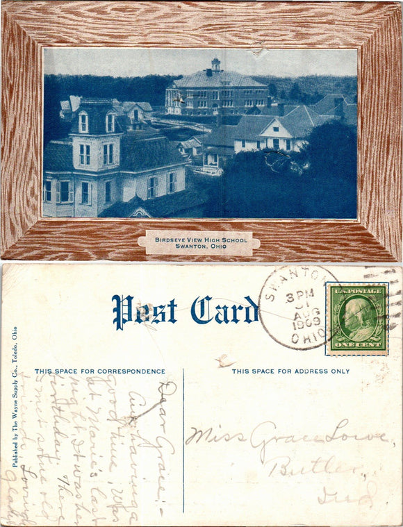 Postcard 1909 Swanton High School OH to Butler IN $$ 383846 ISH
