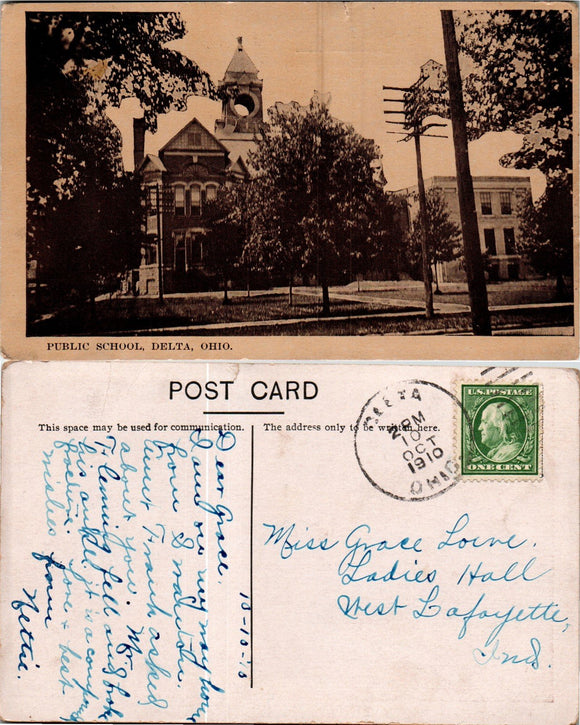 Postcard 1910 School Deta OH to Butler IN $$ 383848 ISH