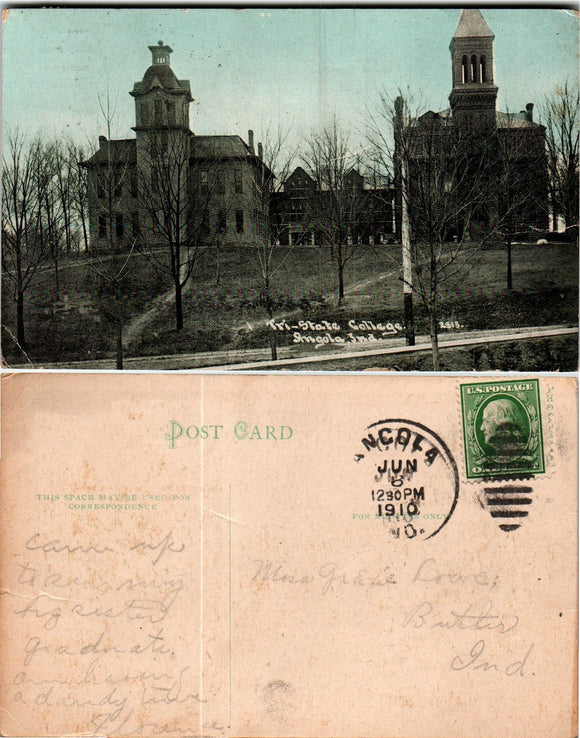 Postcard 1910 Tri-State College Angola to Butler IN $$ 383850 ISH