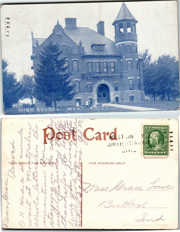 Postcard VINTAGE High School W. Unity OH to Butler IN $$ 383855 ISH