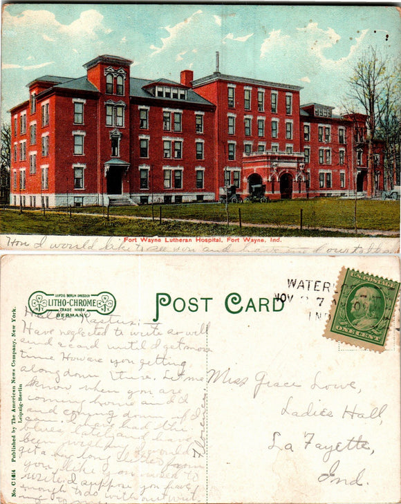 Postcard VINTAGE Hospital Waterloo to W. Lafayette IN $$ 383856 ISH