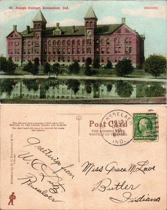 Postcard 1910 St. Joseph College to Butler IN $$ 383858 ISH