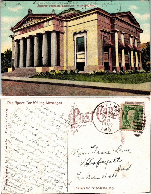 Postcard 1909 Muncie Public Library to W. Lafayette $$ 383861 ISH