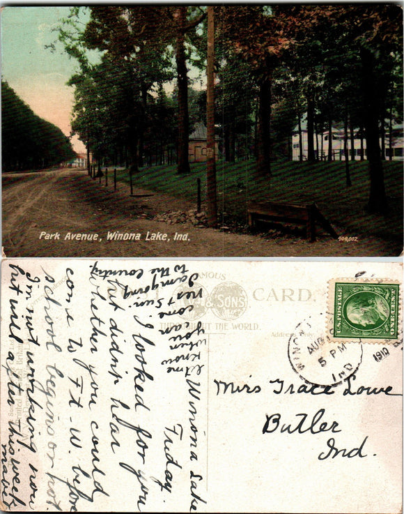 Postcard 1910 Winona Lake View to Butler IN $$ 383863 ISH
