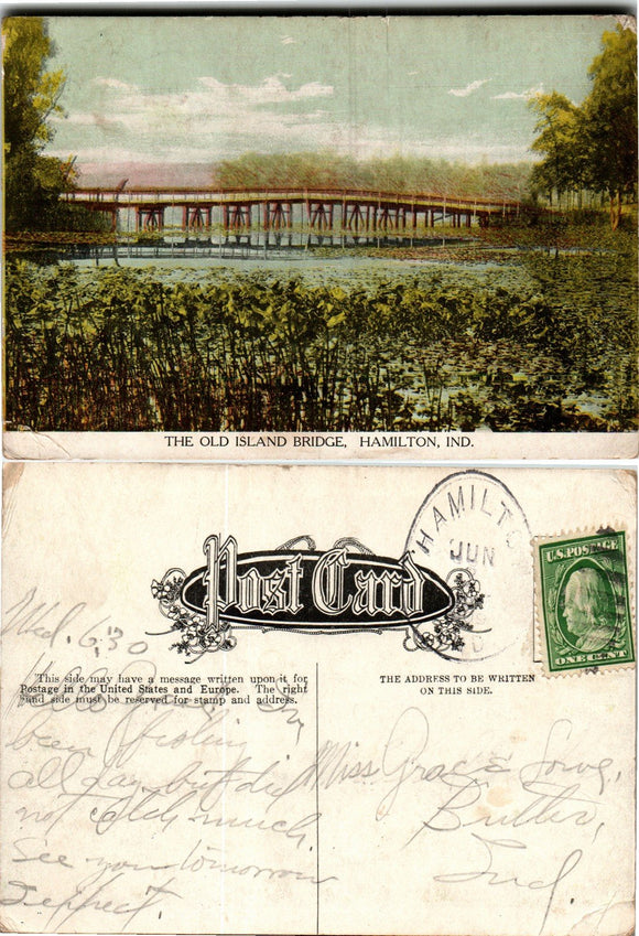 Postcard 1909 Old Island Bridge Hamilton to Butler IN $$ 383866 ISH