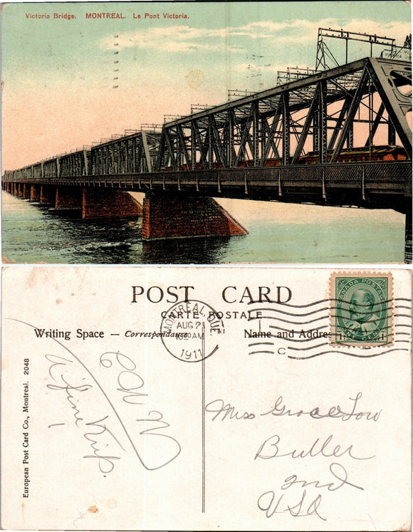 Postcard 1911 Montreal Bridge to Butler IN $$ 383872 ISH