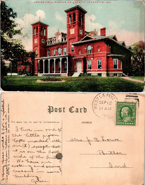 Postcard VINTAGE Ladies Hall Purdue U. to Butler IN $$ 383876 ISH