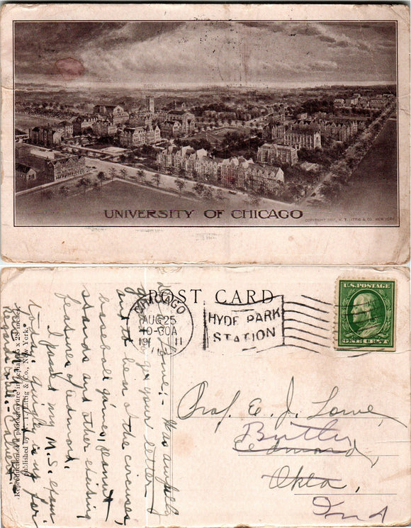 Postcard 1911 University of Chicago to Butler IN $$ 383879 ISH