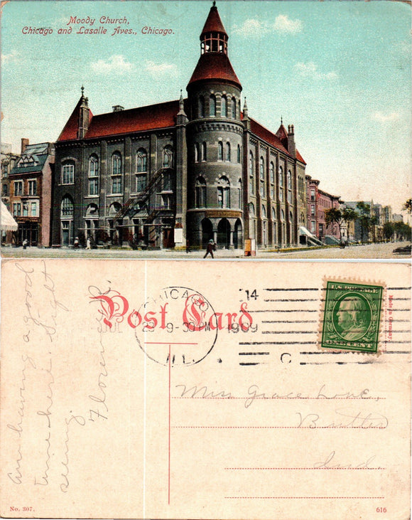Postcard VINTAGE Moody Church Chicago to Butler IN $$ 383883 ISH