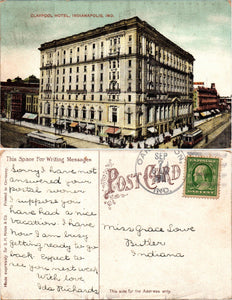 Postcard 1911 Claypool Hotel Indianism to Butler IN $$ 383884 ISH