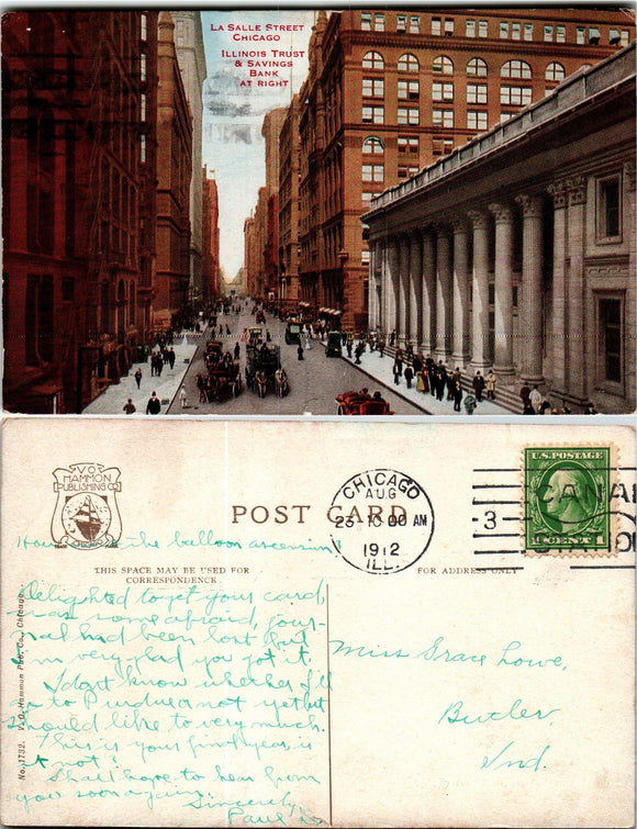 Postcard 1912 La Salle St. Chicago Bank to Butler IN $$ 383885 ISH