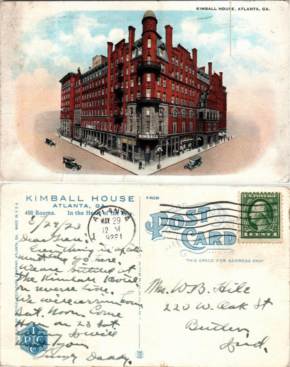 Postcard VINTAGE Kimball House Atlanta GA to Butler IN $$ 383887 ISH